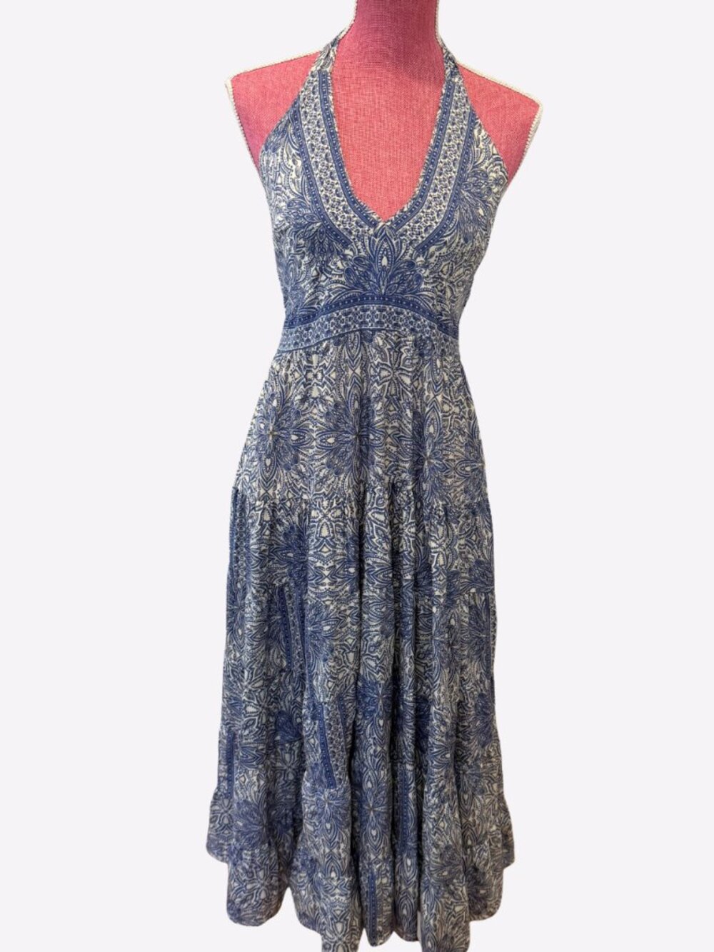 Paani Bohemian Print Maxi Dress Flowy Blue/White Womens Sz Medium Halter Summer
